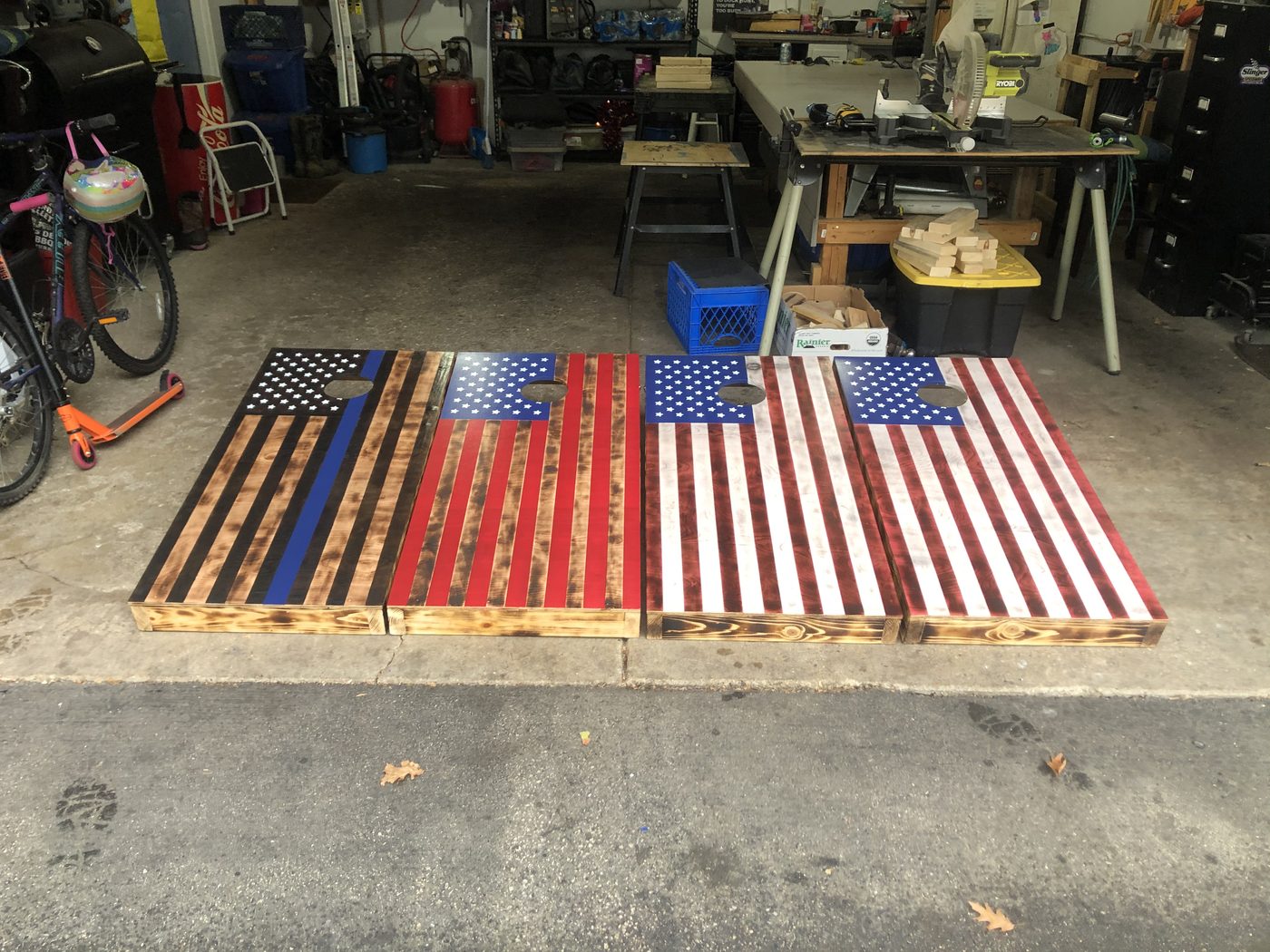 Custom cornhole boards with a distressed American flag design
