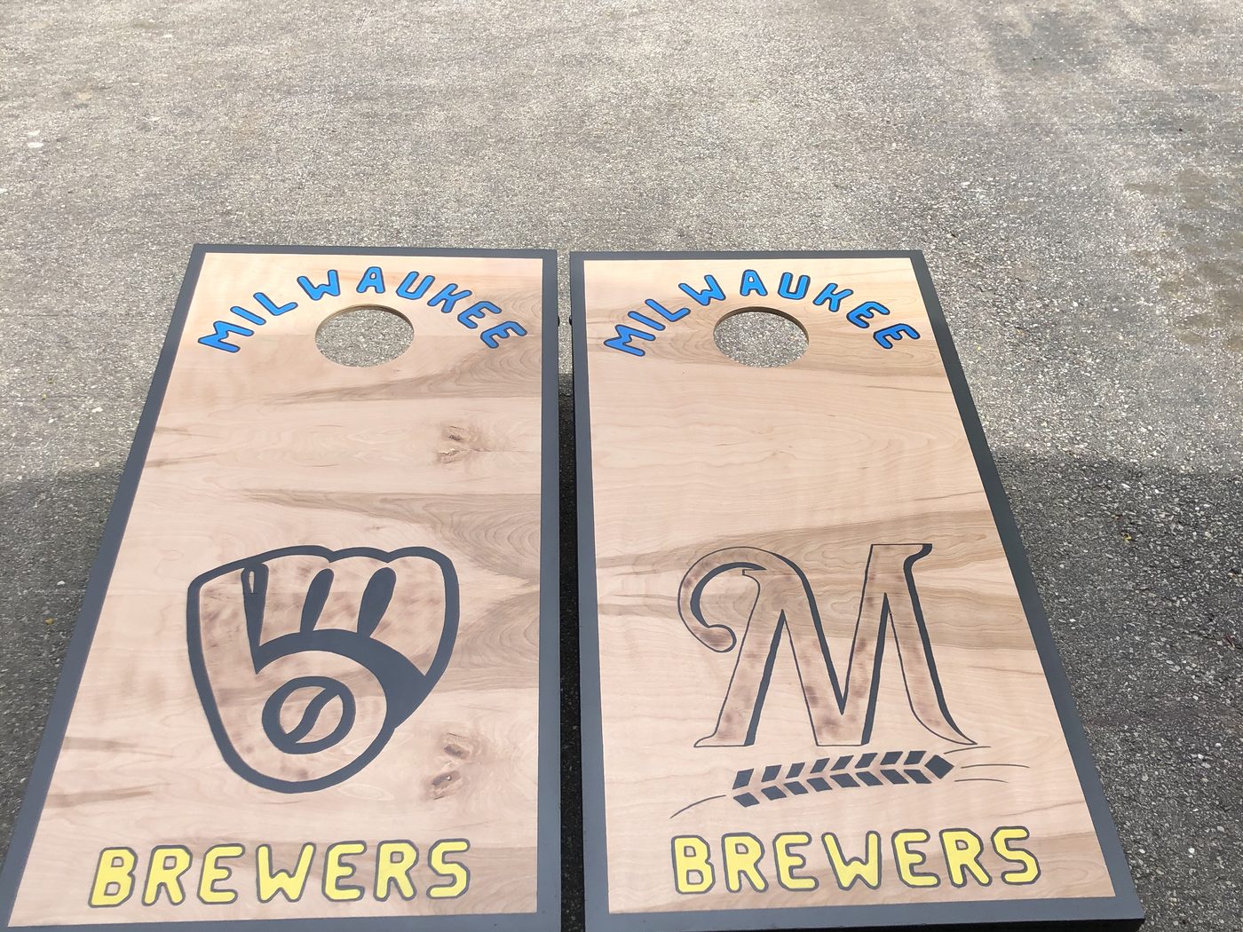 Custom cornhole boards with retro Milwaukee Brewers logo